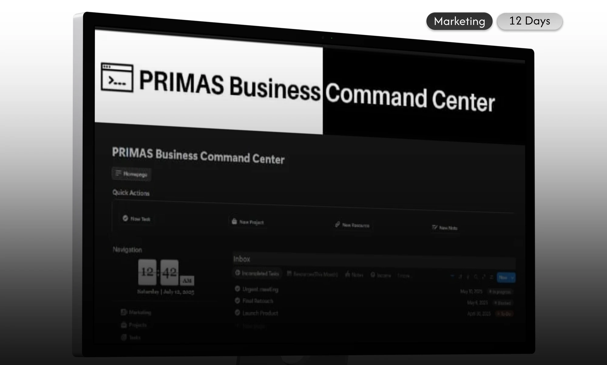 The PRIMAS Business Command Center: the main dashboard, with the Quick Actions gallery, synced navigation and inbox in one view
