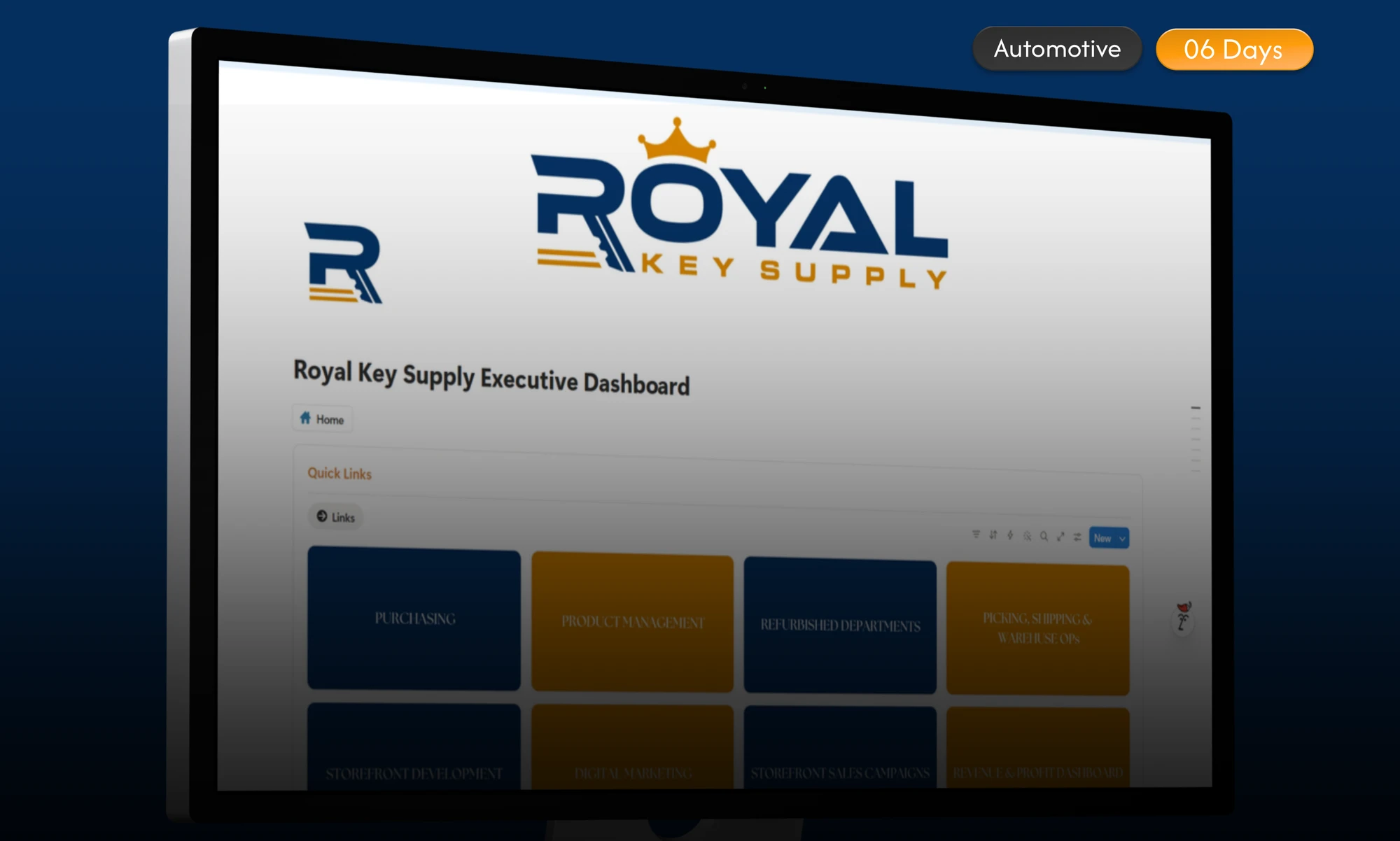 The Royal Key Supply executive dashboard: the homepage of the 14-page operating system, with every department tile in one view
